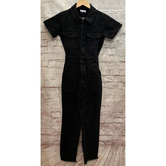 Good American Fit For Success Black Jean Denim Coveralls Jumpsuit Size 0 - Picture 1 of 5